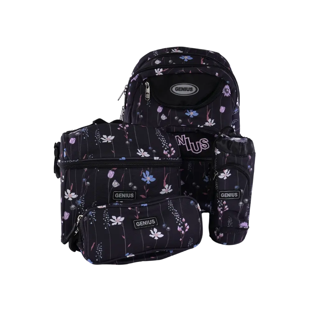 Genius 46cm Floral Design Black 5 Zippers Backpack Set