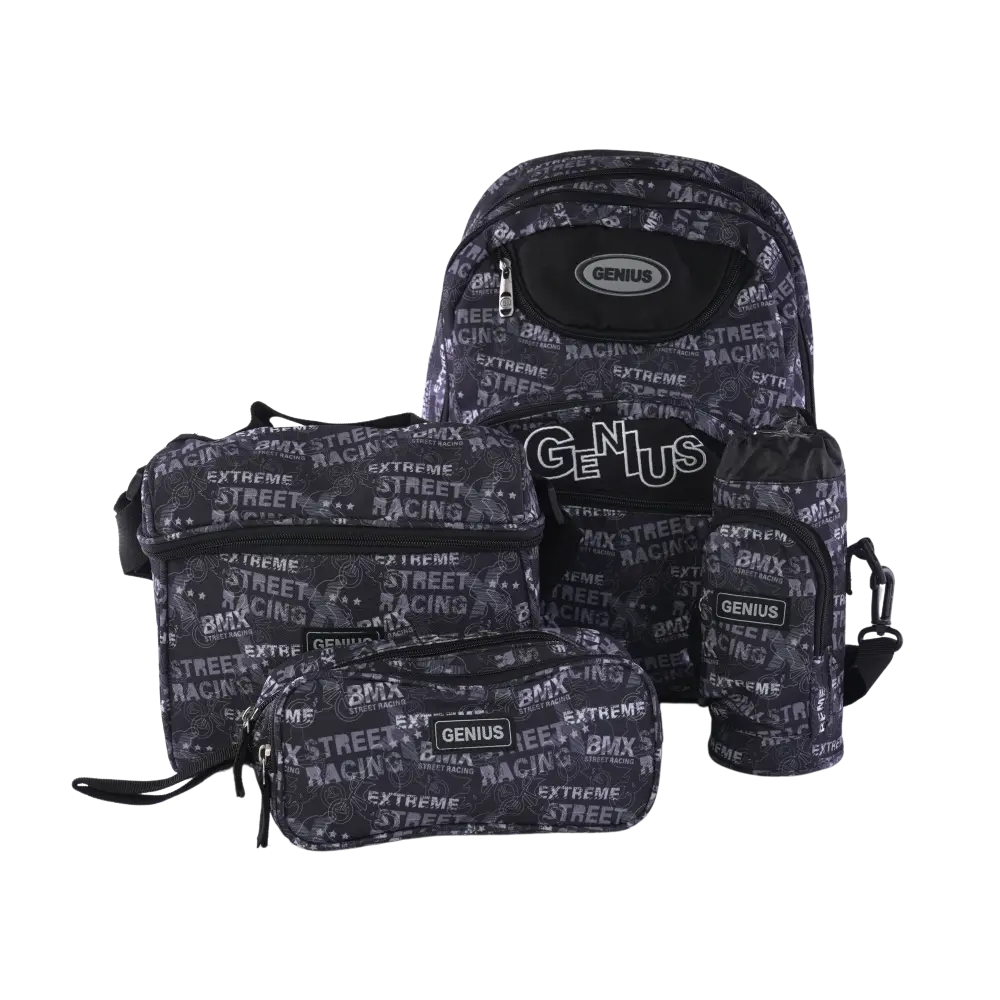 Genius 46cm Graffiti Style Design Black & Grey 5 Zippers Backpack Set