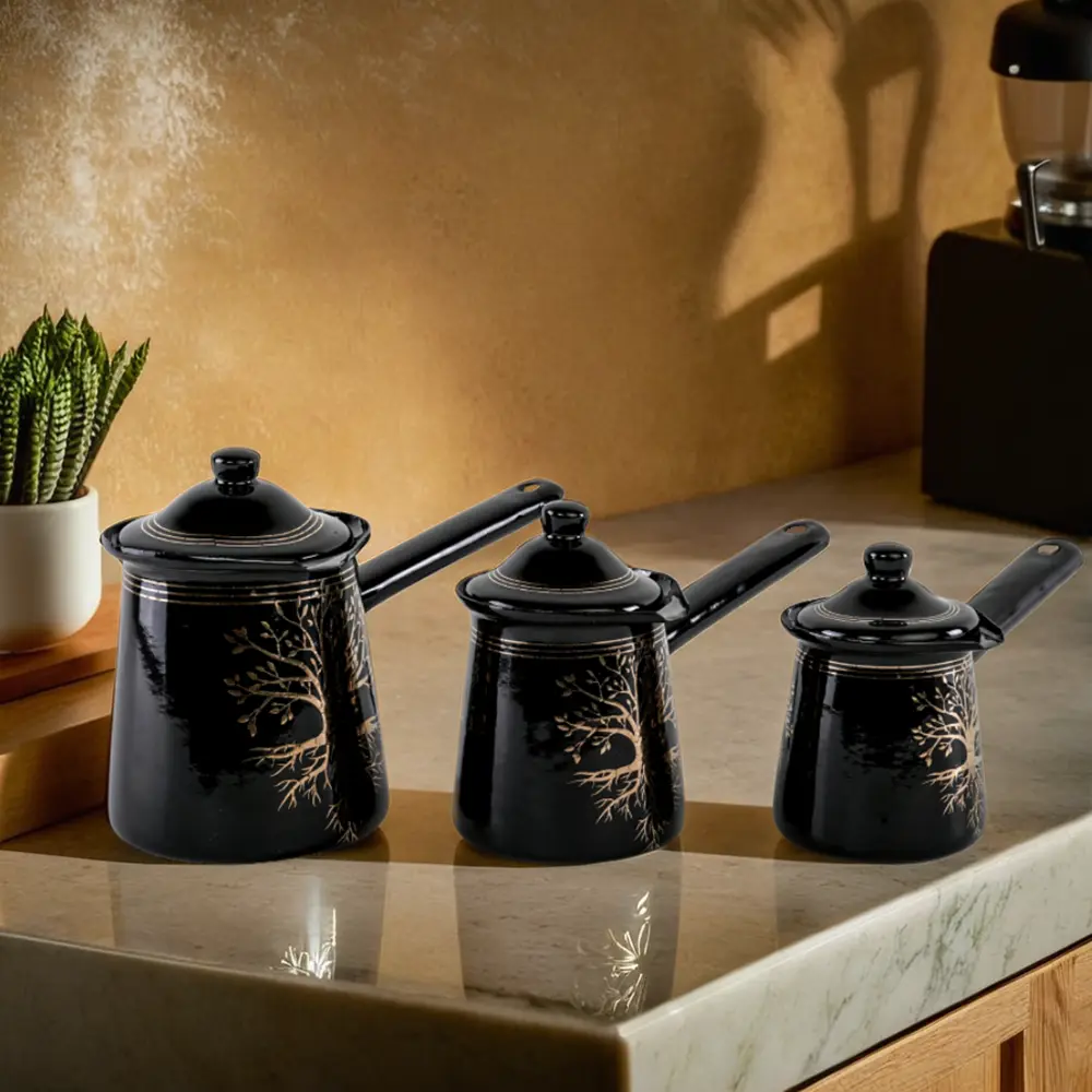 Momaz 3pcs tree design balck & gold coffee pots set1