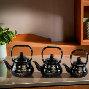 Momaz 3pcs Tree Design Black & Gold Tea Pots Set1