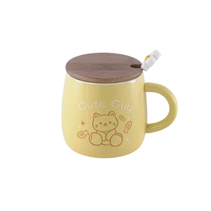 Cat Design 400ml Yellow Mug With Lid And Spoon