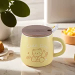 Cat Design 400ml Yellow Mug With Lid And Spoon1