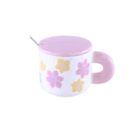 Ceramic Floral Design Pink Mug With Lid And Spoon