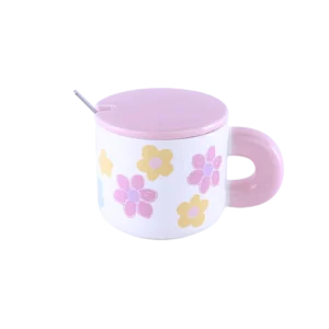 Ceramic Floral Design Pink Mug With Lid And Spoon