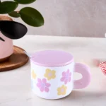 Ceramic Floral Design Pink Mug With Lid And Spoon1