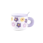 Ceramic Floral Design Purple Mug With Lid And Spoon