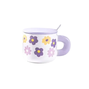 Ceramic Floral Design Purple Mug With Lid And Spoon