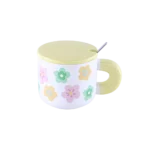 Ceramic Floral Design Yellow Mug With Lid And Spoon