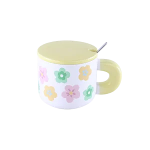 Ceramic Floral Design Yellow Mug With Lid And Spoon