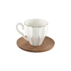 Porcelain 6pcs coffee cups with wooden saucer set