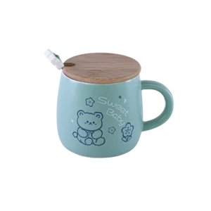 Teddy Bear Design 400ml Blue Mug Lid And Spoon