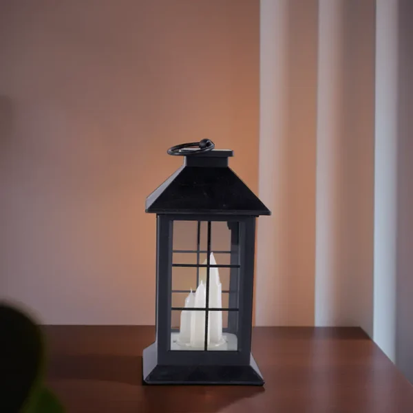 Black 16cm Battery Lantern With 3 Candle1