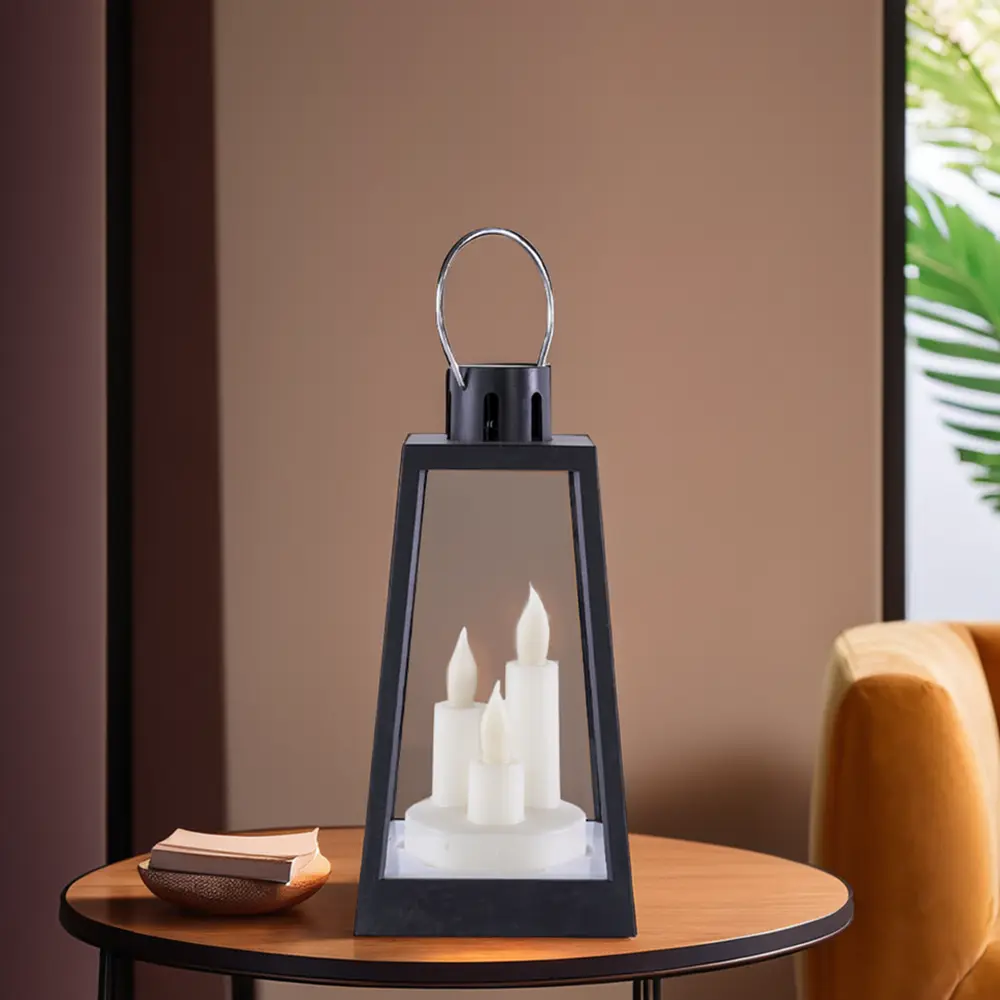 Black 22cm Battery Lantern With 3 Candle1