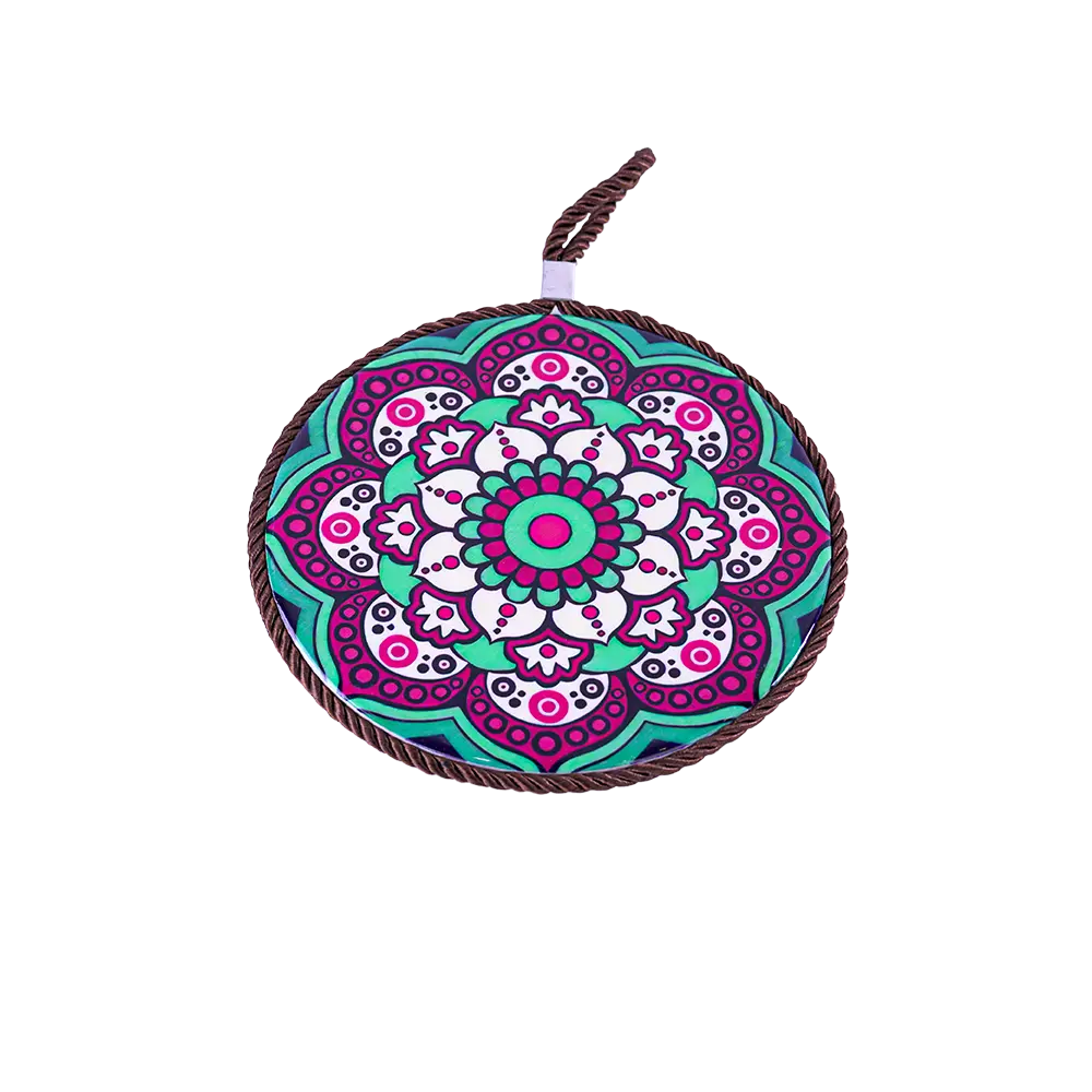 Circular 16cm mandala patterned aqua & magenta porcelain trivet