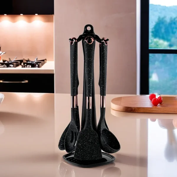 Silicone 7pcs Black Granite Utensils Set With Stand1