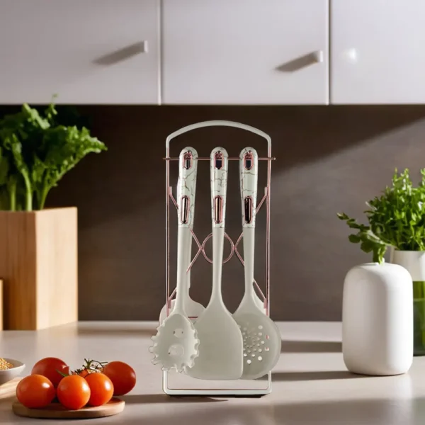 Silicone 7pcs White Marbled Utensils Set With Copper Stand1