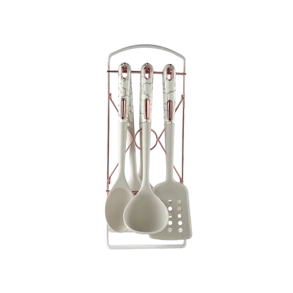 Silicone 7pcs White Marbled Utensils Set With Copper Stand2