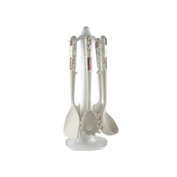 Silicone 7pcs White Marbled Utensils Set With Stand