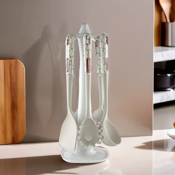 Silicone 7pcs White Marbled Utensils Set With Stand1