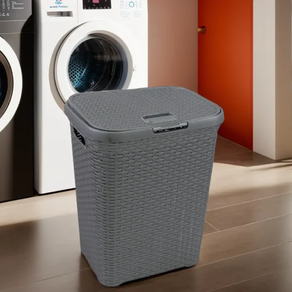 3m Plast Rattan Style Grey Laundry Basket With Lid1