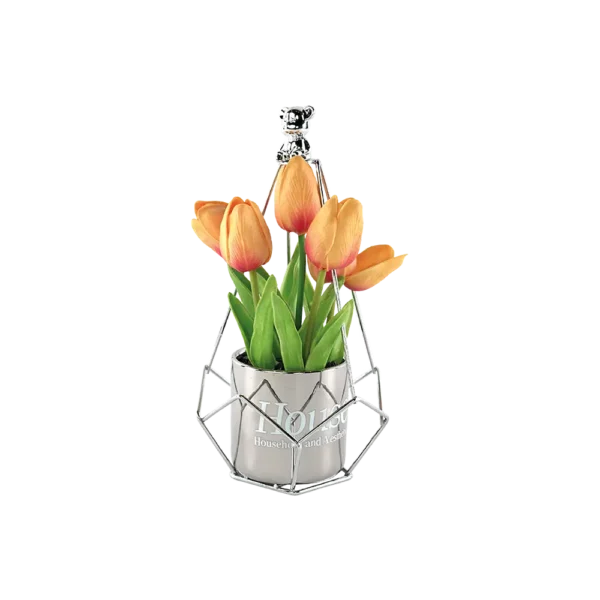 Tulip Orange Flowers With Silver Vase & Stand