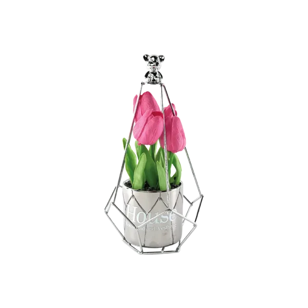 Tulip Pink Flowers With Silver Vase & Stand