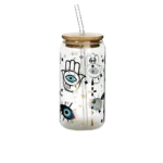 Glass blue eyes design mug with wooden lid & straw