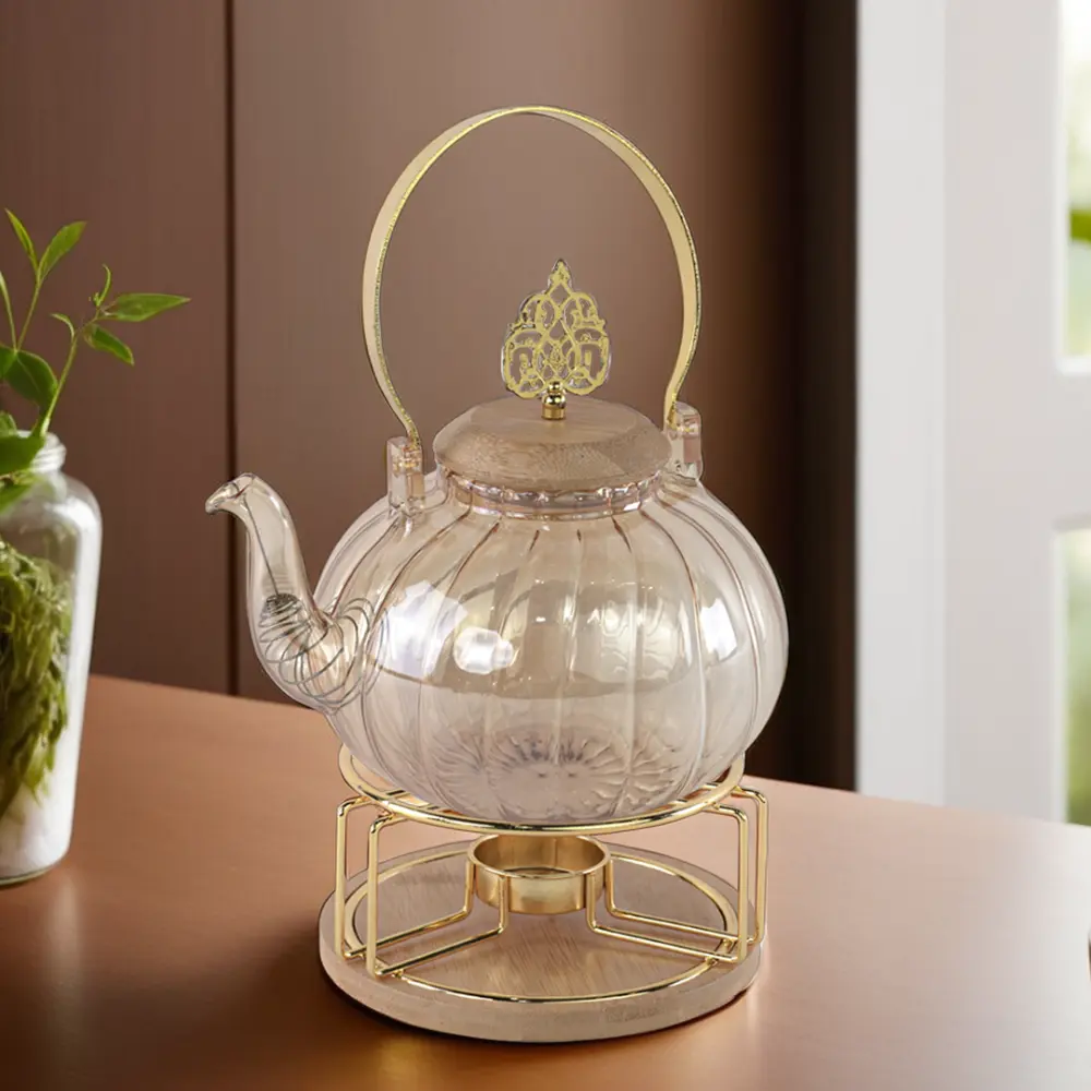 Glass gold tea pot with stand1