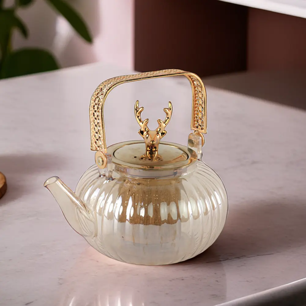 Glass gold tea pot with strainer1