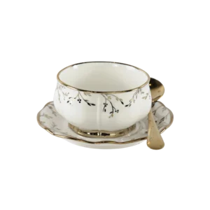 Momaz 6pcs white & gold bowls with saucers & spoons