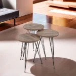 Turkish wooden 3pcs circular brown tables set with iron legs1