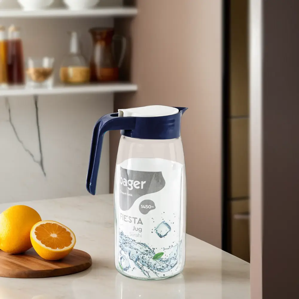 Glass 1450ml navy blue jug with white lid1