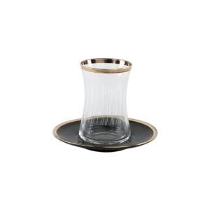 Glass 6pcs lines design tea cups set with black saucers