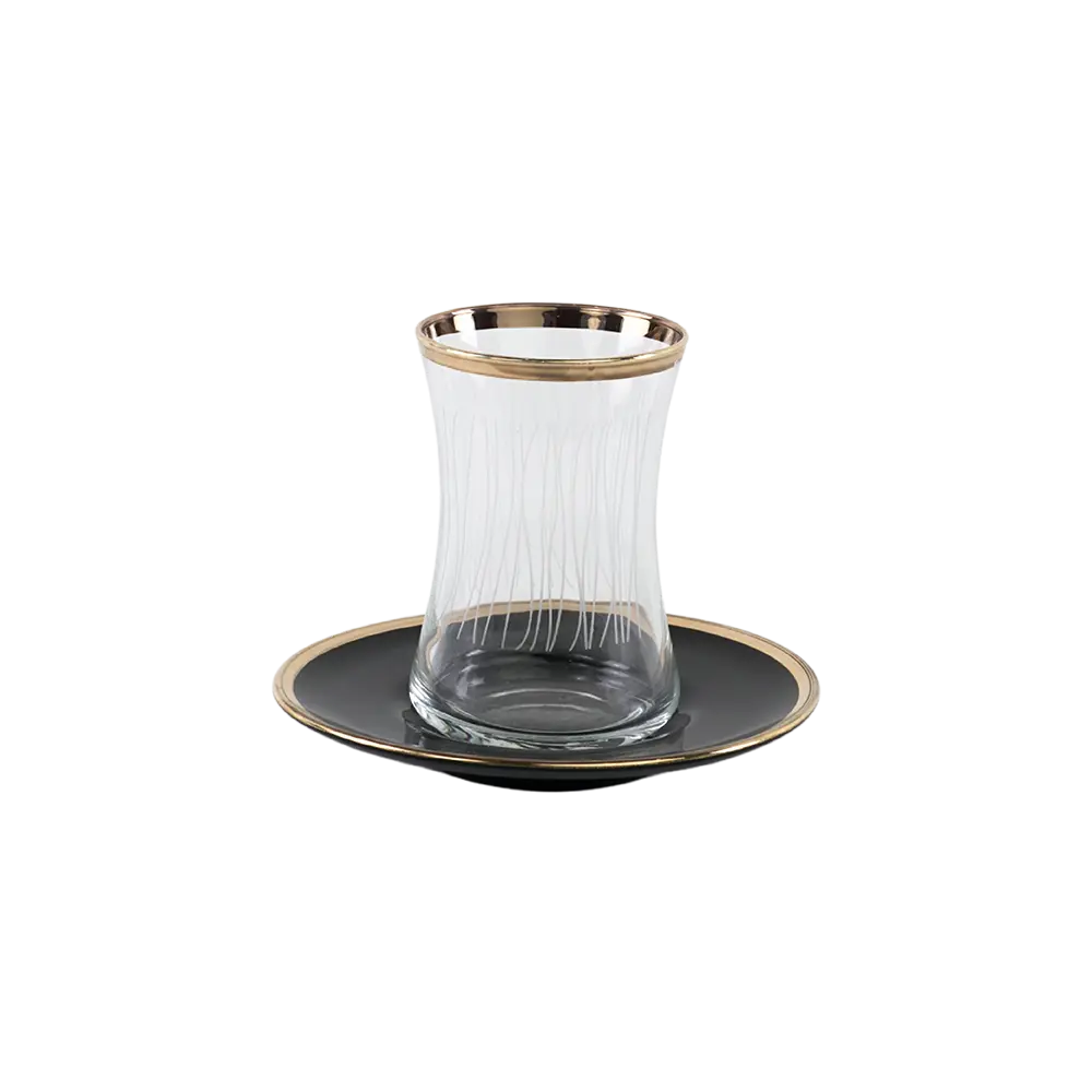 Glass 6pcs lines design tea cups set with black saucers