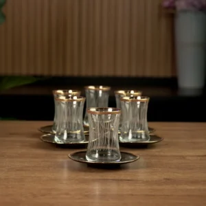 Glass 6pcs lines design tea cups set with black saucers1