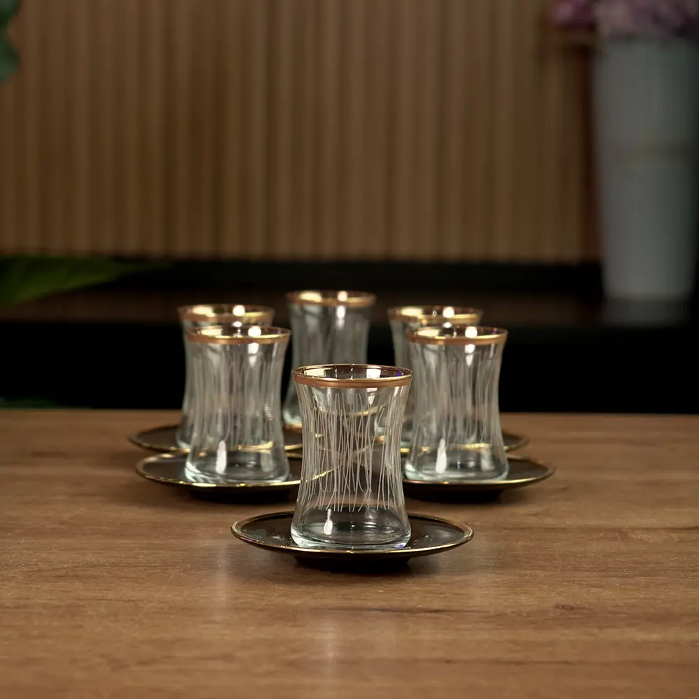 Glass 6pcs lines design tea cups set with black saucers1