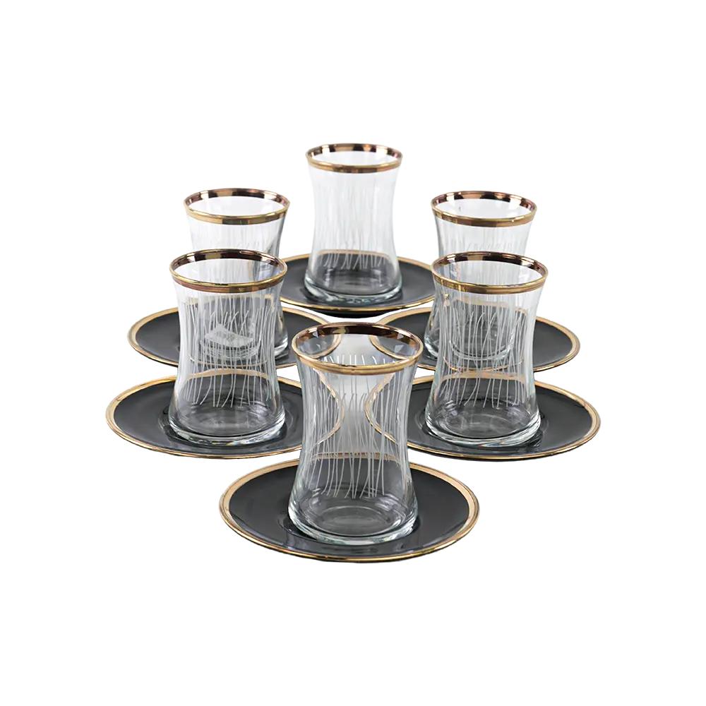 Glass 6pcs lines design tea cups set with black saucers2