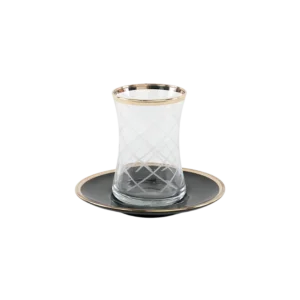 Glass 6pcs patterned design tea cups set with black saucers