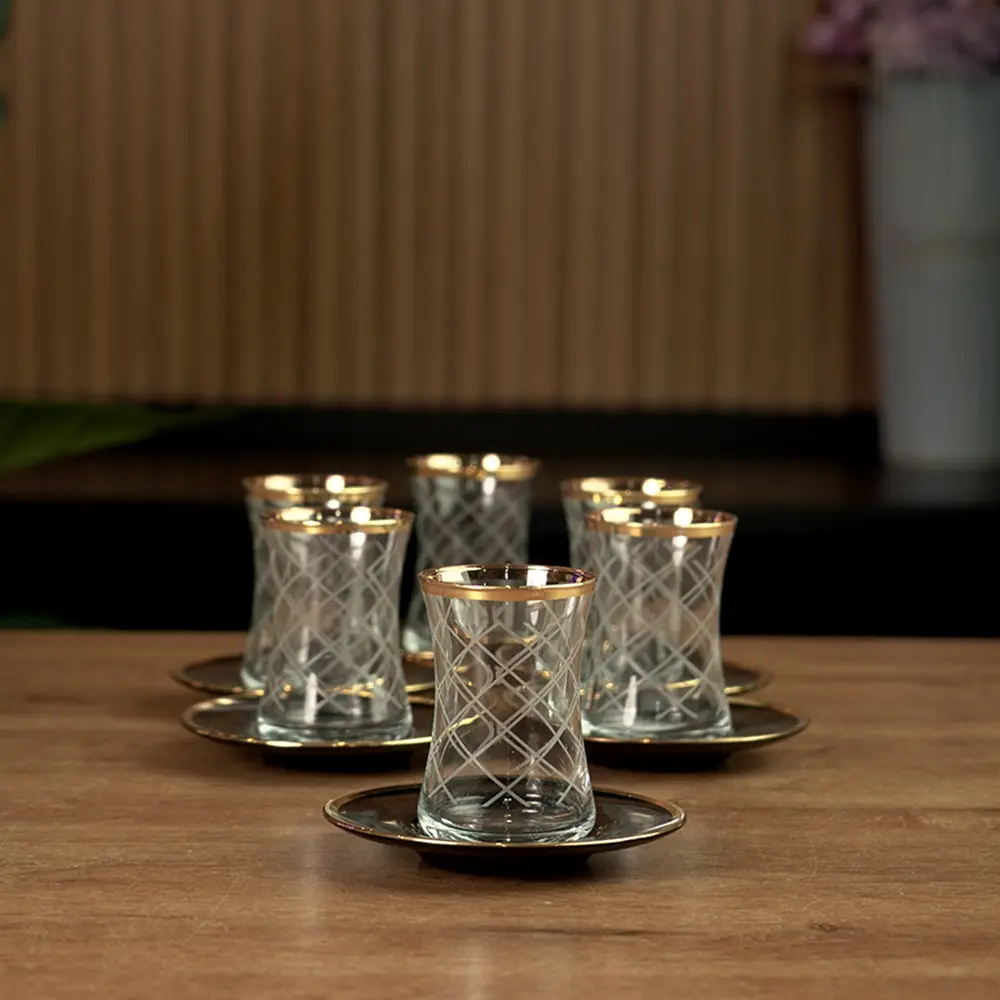 Glass-6Pcs-Patterned-Design-Tea-Cups-Set-with-Black-Saucers1 Glass 6pcs patterned design tea cups set with black saucers1