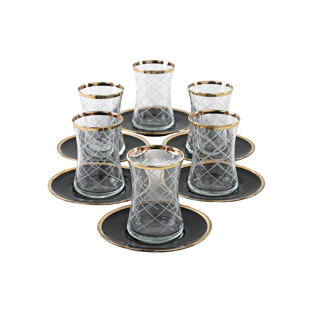 Glass-6Pcs-Patterned-Design-Tea-Cups-Set-with-Black-Saucers2 Glass 6pcs patterned design tea cups set with black saucers2