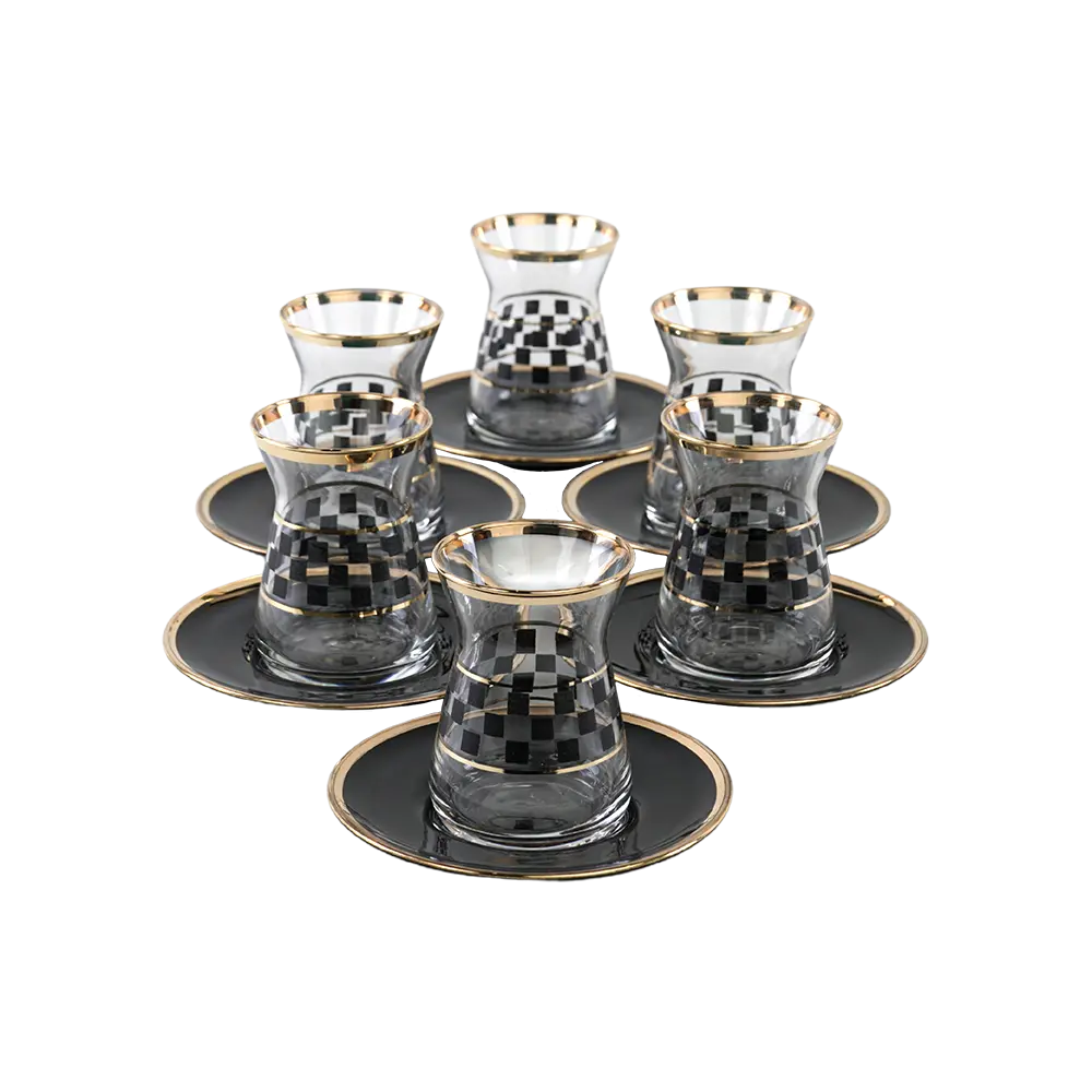 Glass 6pcs sequares design tea cups set with black saucers2