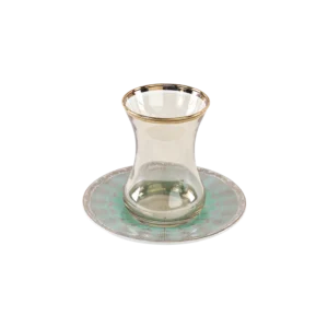 Glass 6pcs tea cups set with aqua & gold saucers