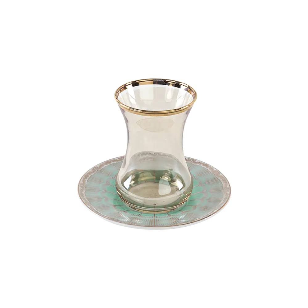 Glass 6pcs tea cups set with aqua & gold saucers