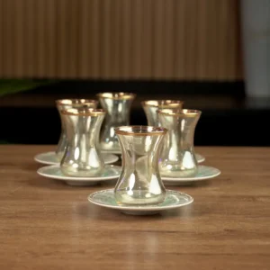Glass 6pcs tea cups set with aqua & gold saucers1