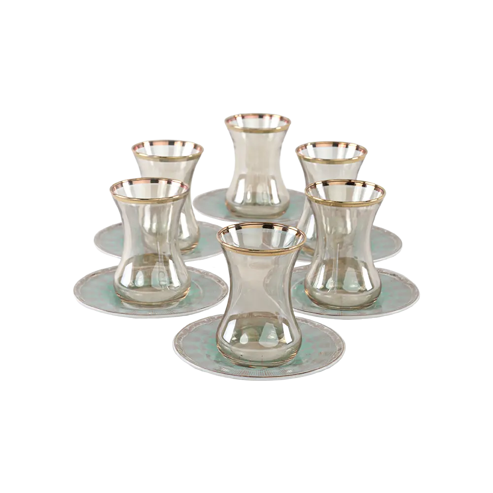 Glass 6pcs tea cups set with aqua & gold saucers2