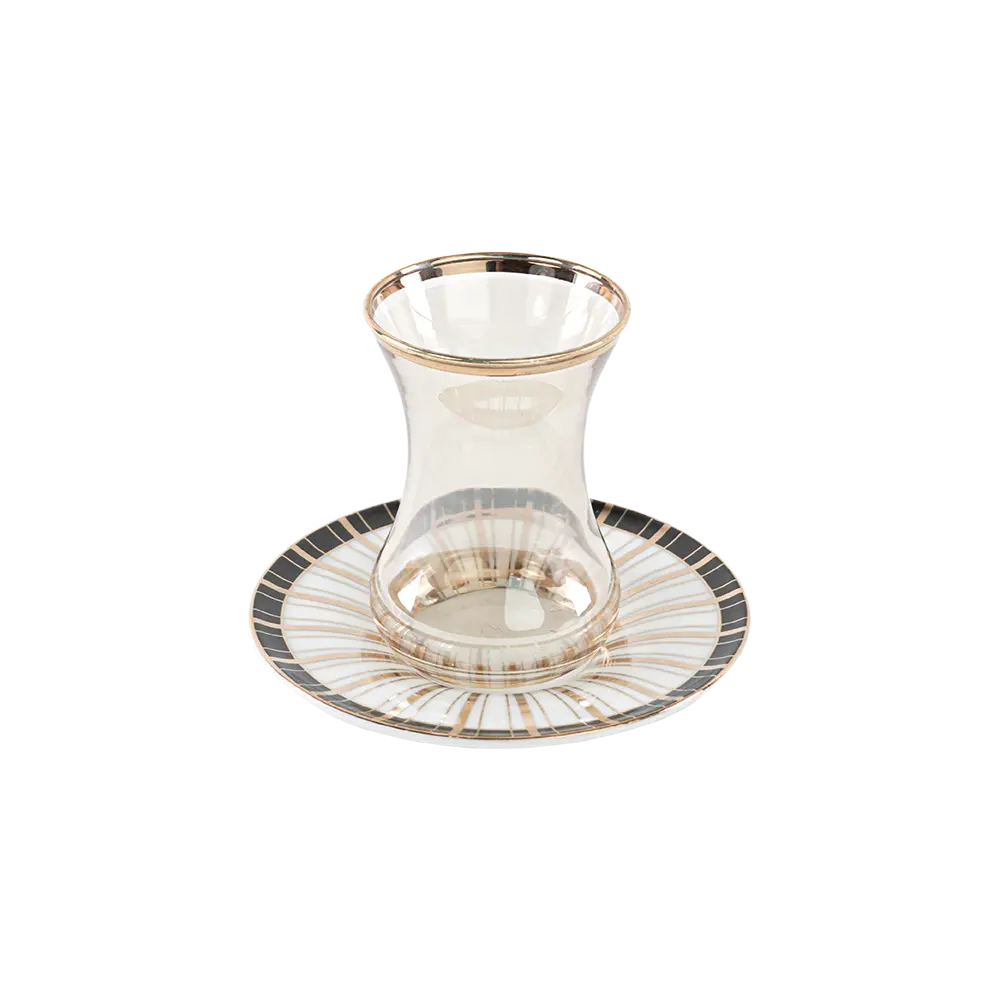 Glass 6pcs tea cups set with white & gold saucers