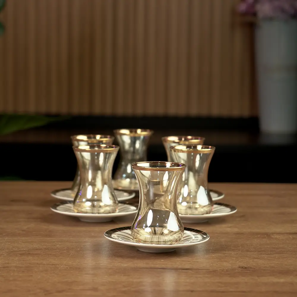 Glass 6pcs tea cups set with white & gold saucers1