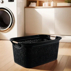 Tuffex 30l black laundry basket with wooden hands1