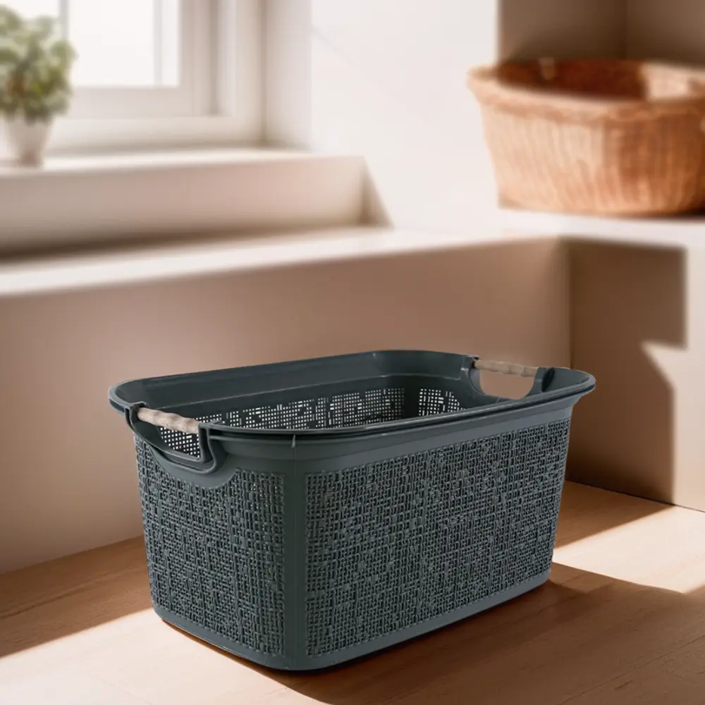 Tuffex 30l grey laundry basket with wooden hands1
