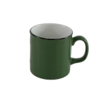 Ceramic barrel shaped green mug with handle & black rim